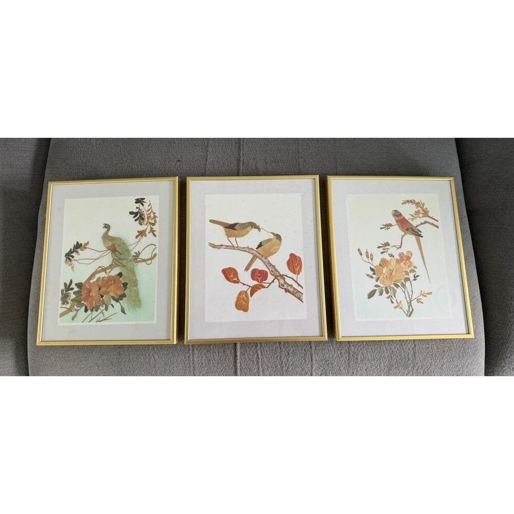 Vintage Asian Framed Artwork Birds Made From Bamboo Straw - Set Of 3